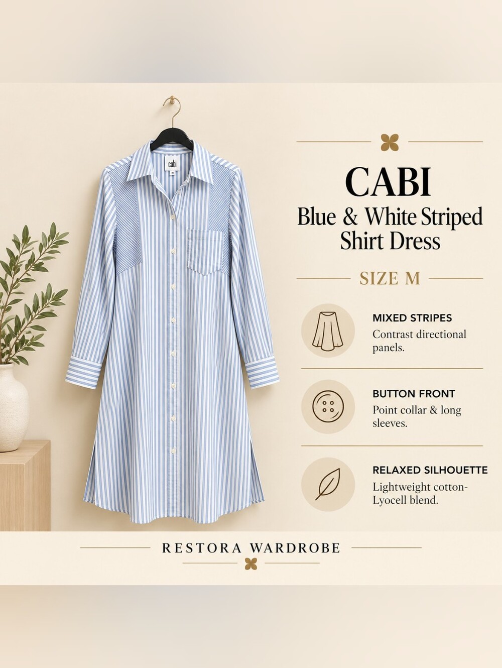 CAbi Shirt Dress Blue White Striped Mixed Stripe Long Sleeve Coastal Preppy M